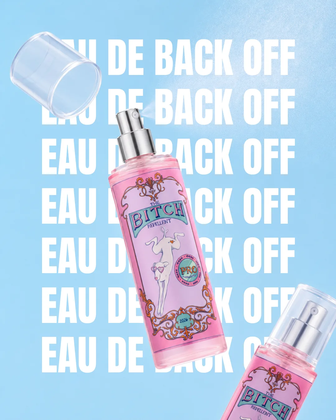 Diapositiva de campaña con "Eau de back off" repetido en blanco detrás del bote flotando mientras pulveriza sobre azul