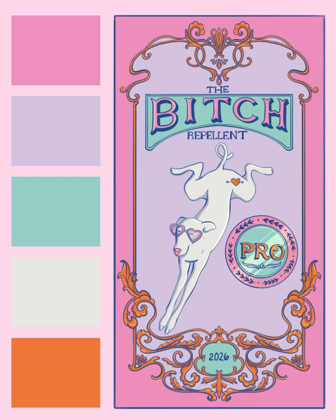 Paleta de color de la etiqueta Bitch Repellent: muestras rosa, lila, azul aguamarina, crema y naranja junto a la etiqueta terminada