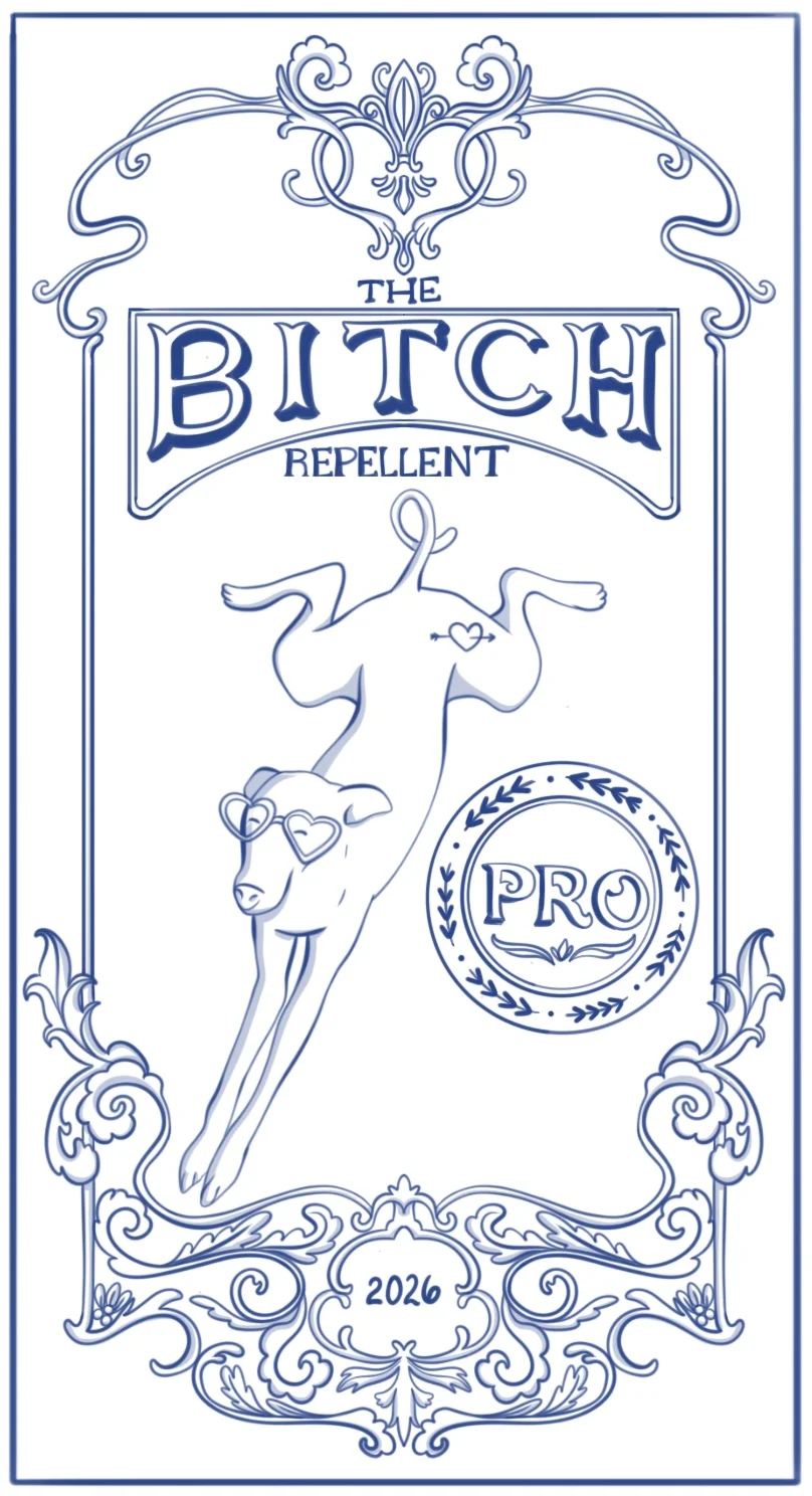 Dibujo de línea en azul de la etiqueta Bitch Repellent: marco modernista, lettering, un galgo saltando con gafas de corazón y un sello PRO
