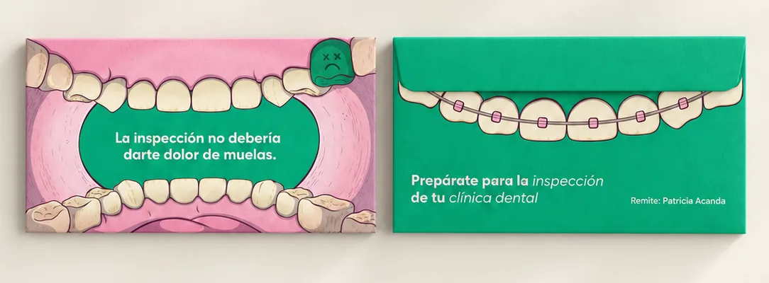 Tarjeta rosa ilustrada como una boca abierta con una muela verde triste y el texto "La inspección no debería darte dolor de muelas", junto al sobre verde cerrado con dientes con brackets en la solapa