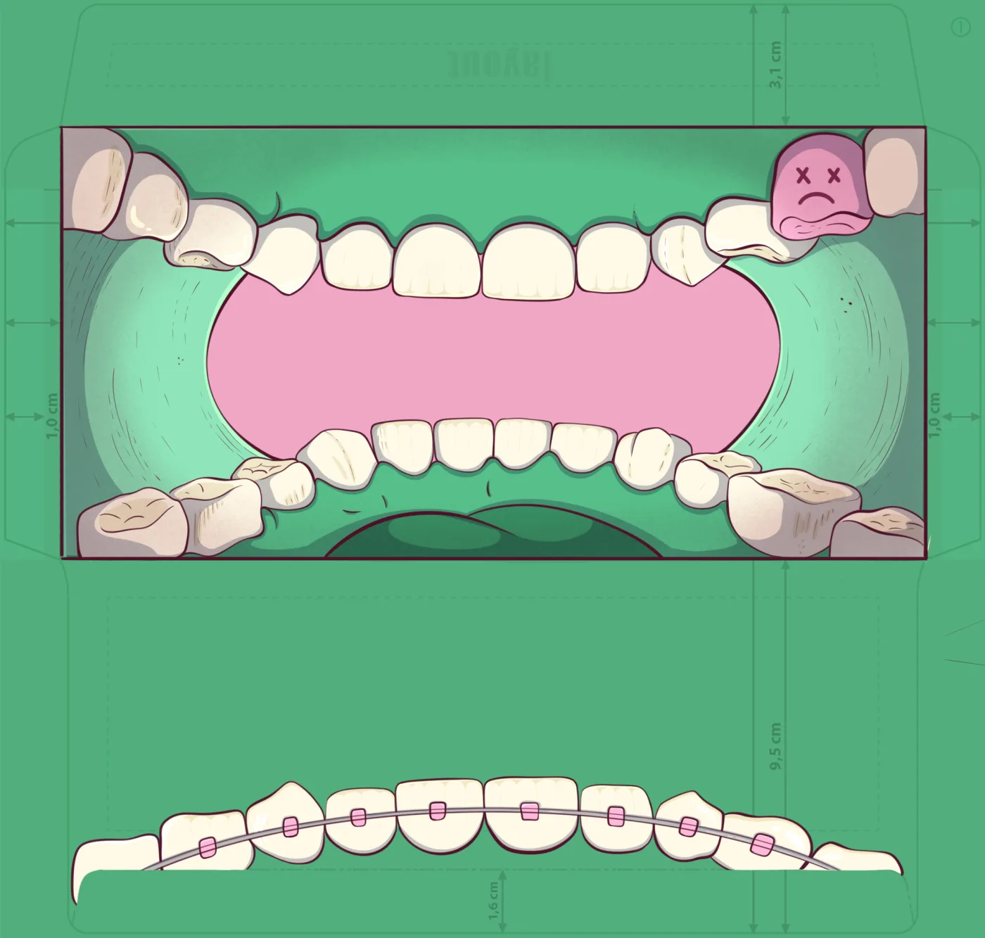 Prueba de color del arte del sobre con encías verde menta, la abertura de la boca en rosa y una muela rosa triste, sobre el troquel con medidas