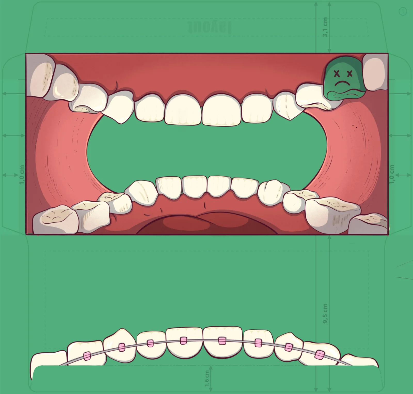 Troquel plano del sobre sobre verde con líneas de pliegue, medidas de las solapas en centímetros, una boca abierta ilustrada en tonos rojos en el panel interior y dientes con brackets en la solapa de cierre