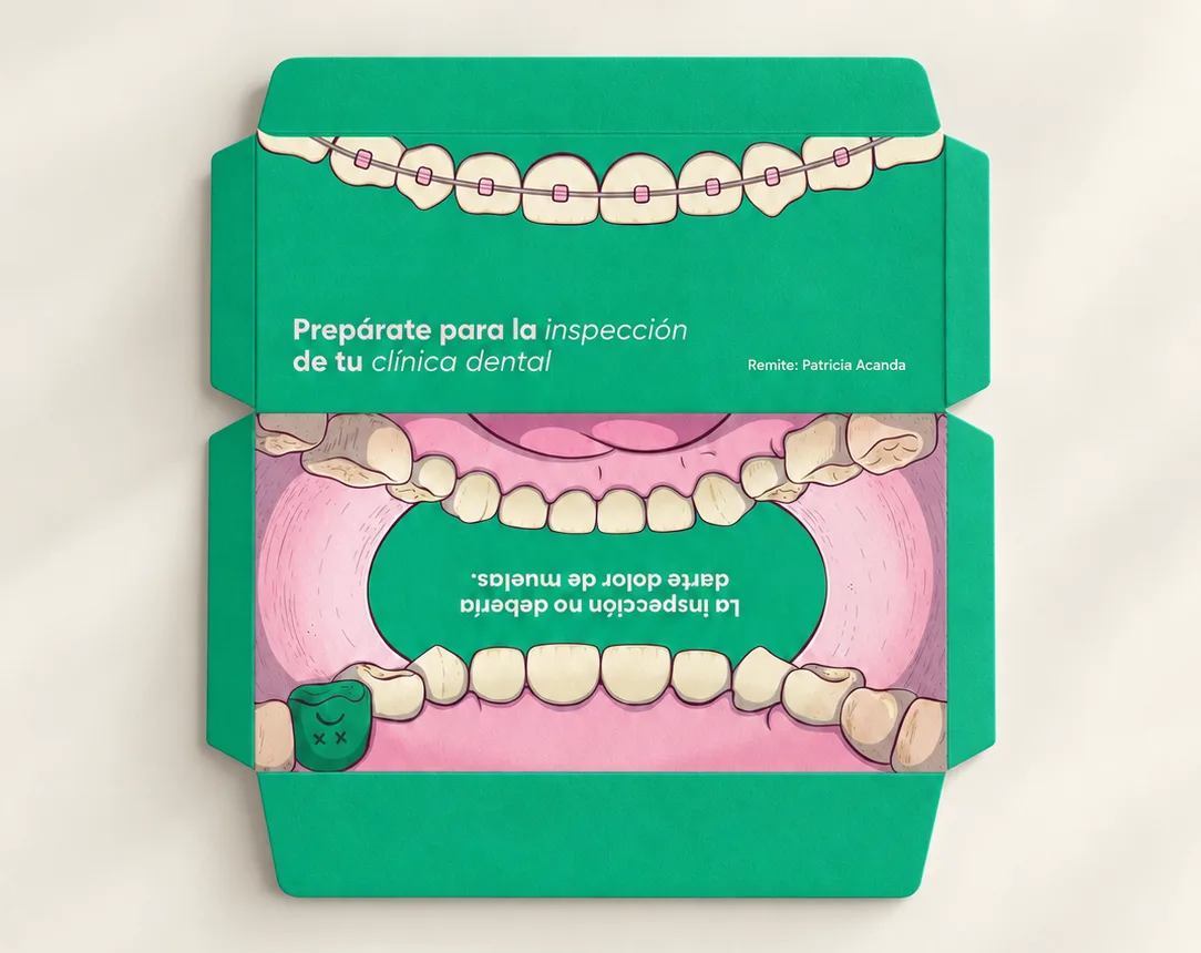 Sobre verde completamente desplegado: dientes con brackets y la línea "Remite: Patricia Acanda" en la solapa, y una boca rosa ilustrada con el mensaje en el panel interior