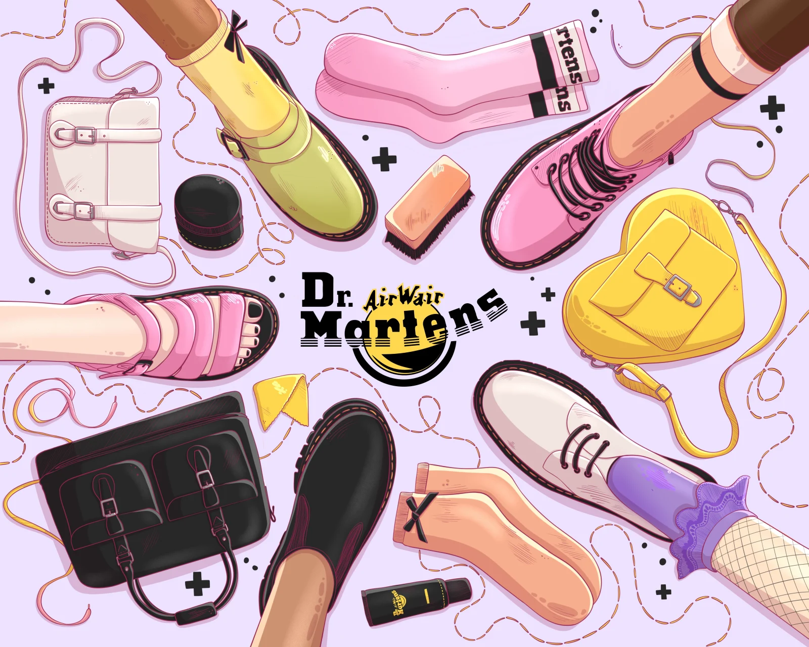 Botas, accesorios y objetos de moda ilustrados para un mural, sobre fondo lila