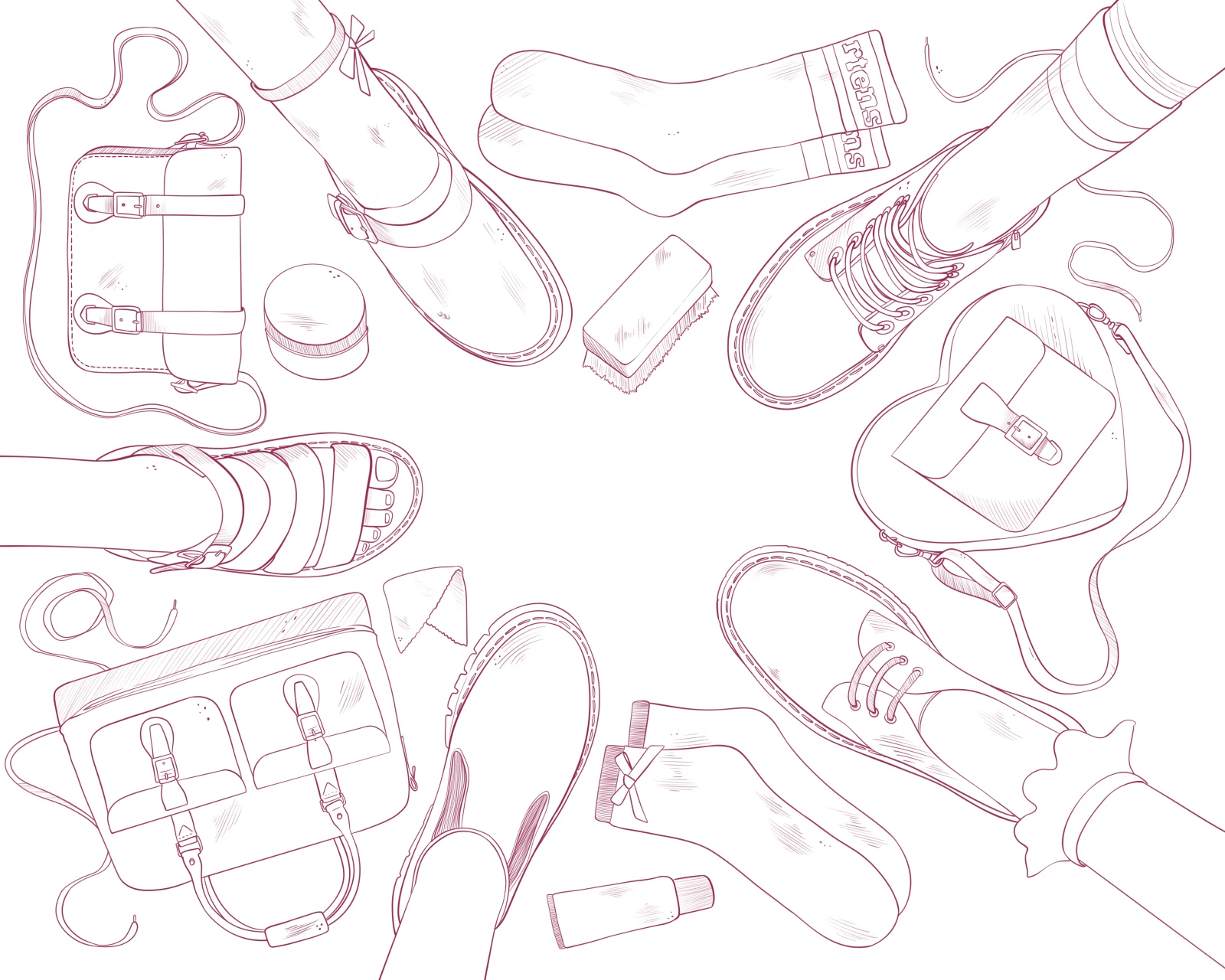 Dibujo de línea de la composición final con botas, bolsos, calcetines y cordones