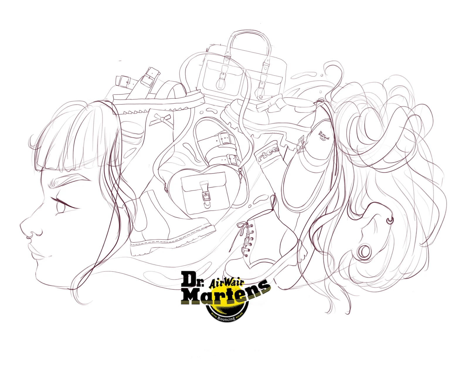 Desarrollo de boceto para un mural de moda, con los productos dibujados dentro del pelo