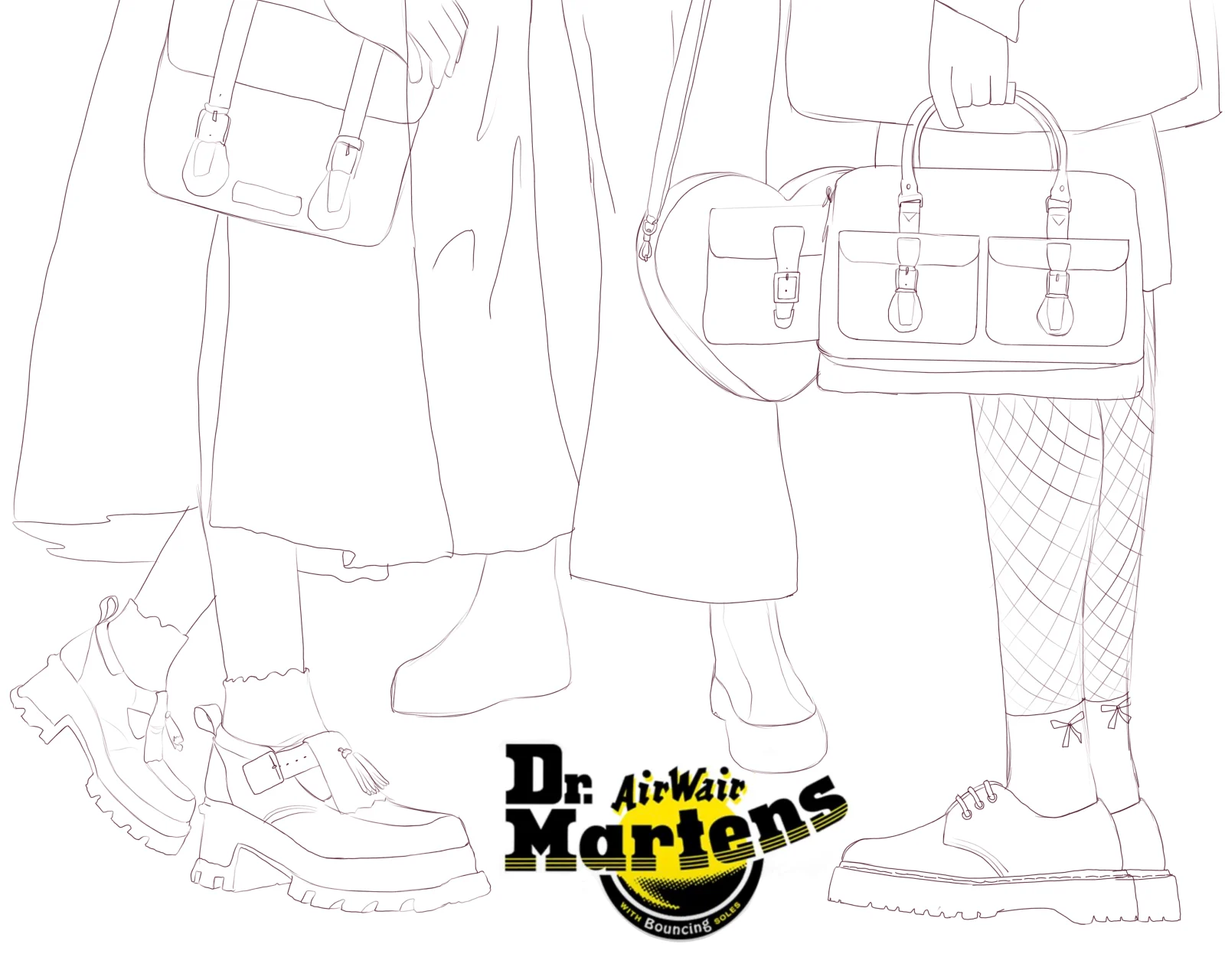 Boceto de composición con tres figuras cortadas por la cintura, con bolsos y botas