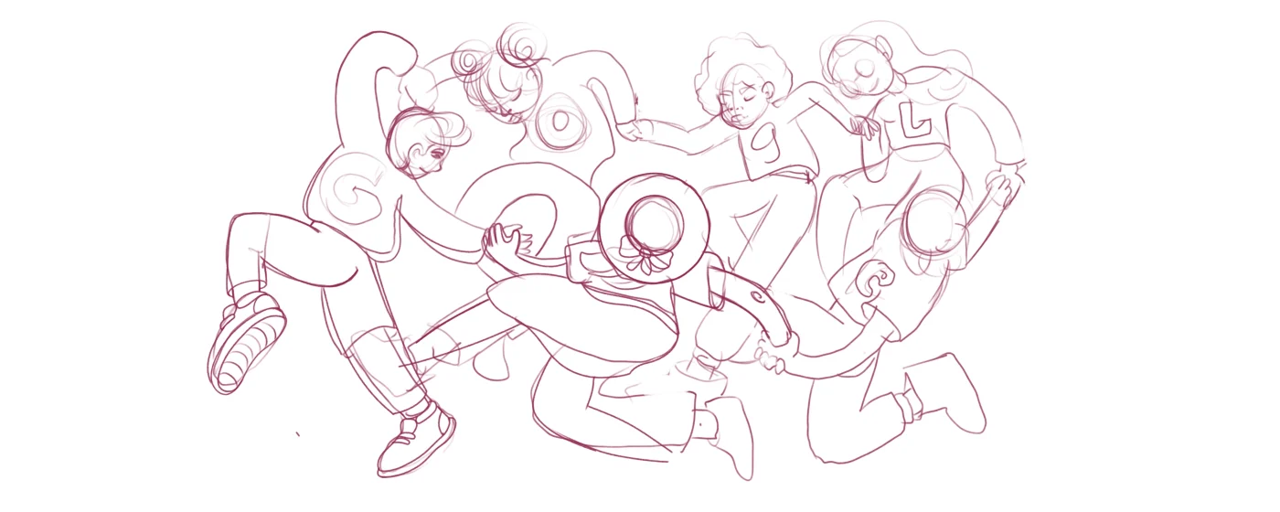 Early sketch of figures wearing the Google letters as they run and jump