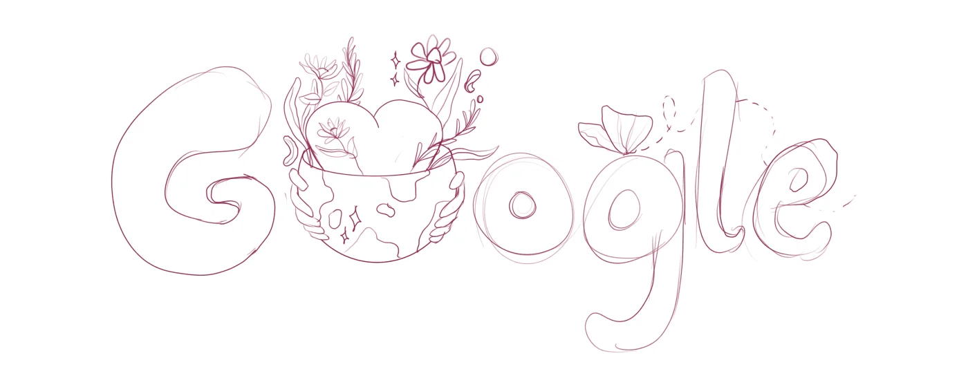 Sketch of the Google lettering with the earth and flowers replacing a letter