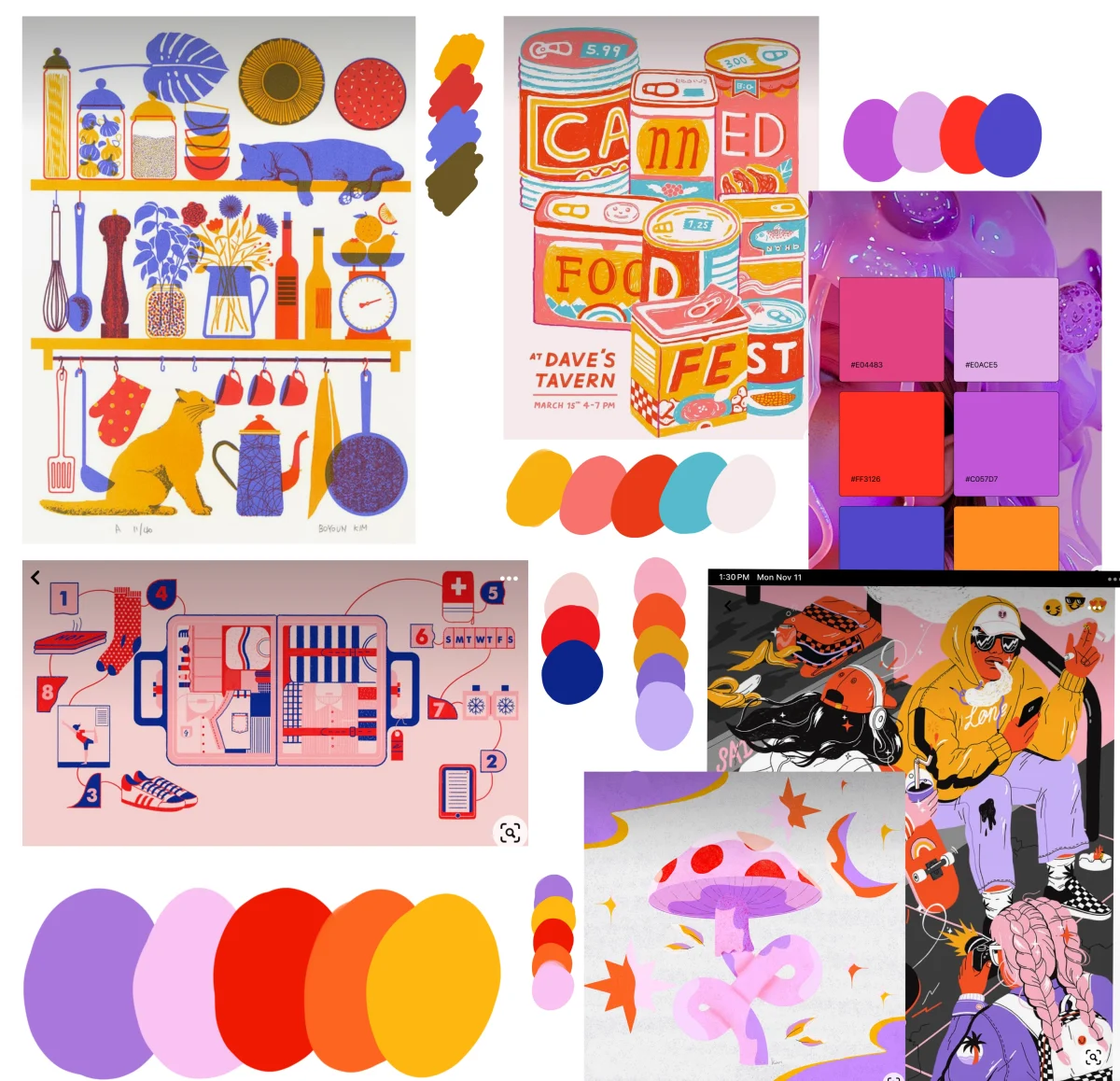 Moodboard con paletas de color y referencias de ilustración para la serie de chapas
