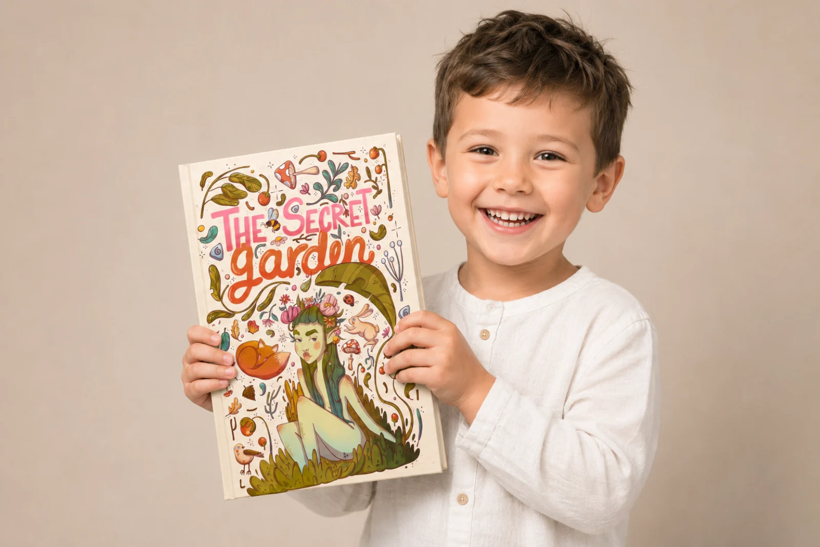 Un niño sosteniendo un mockup del libro ilustrado ficticio El jardín secreto
