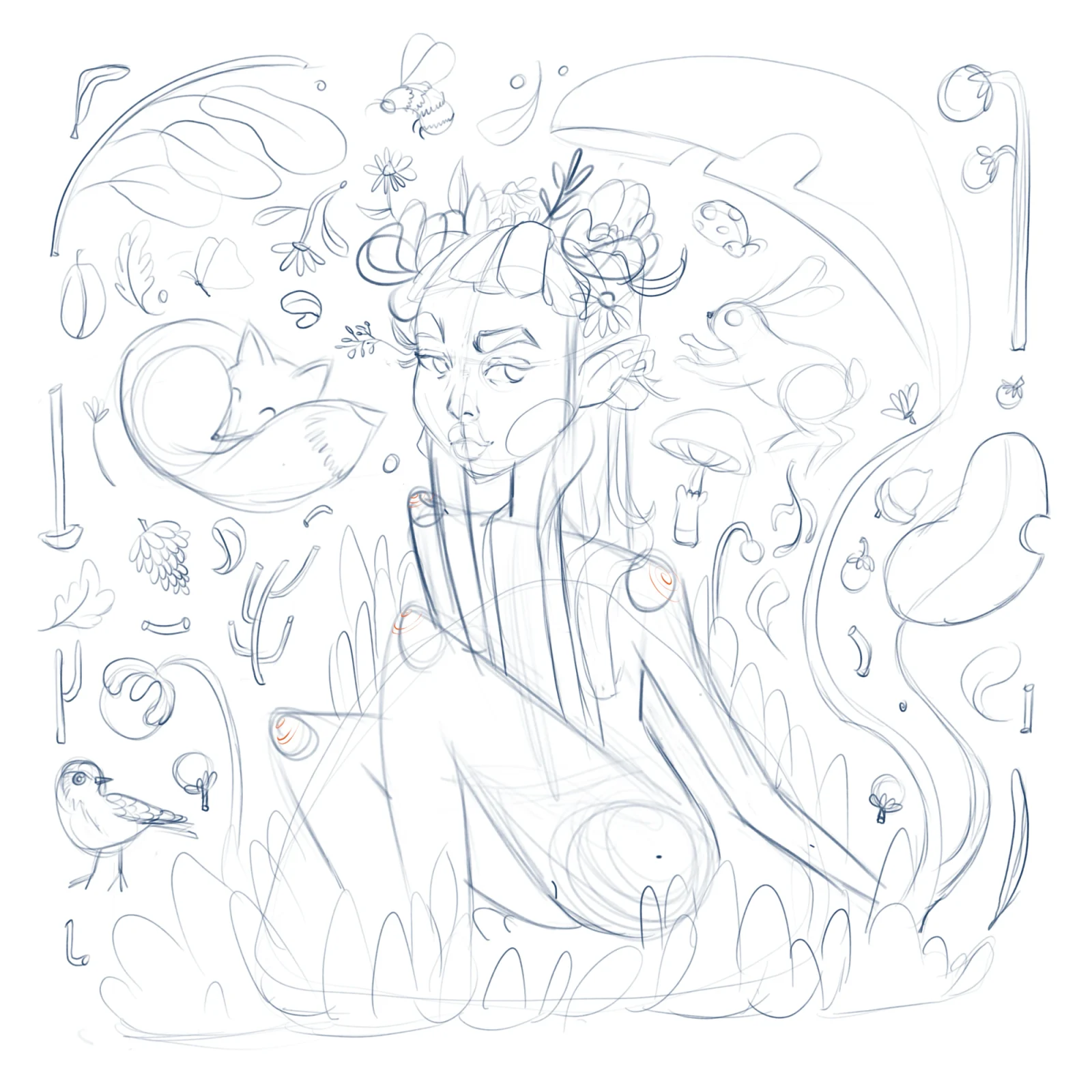 Primeros bocetos del personaje para la ilustración El jardín secreto